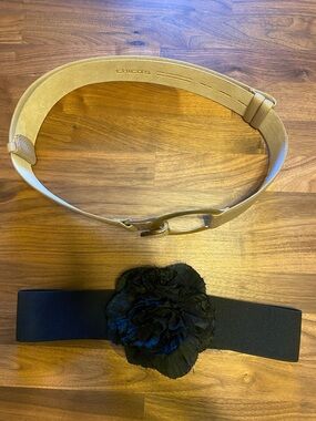 Chico's Beige Elastic Belt and Black Floral Stretch Belt